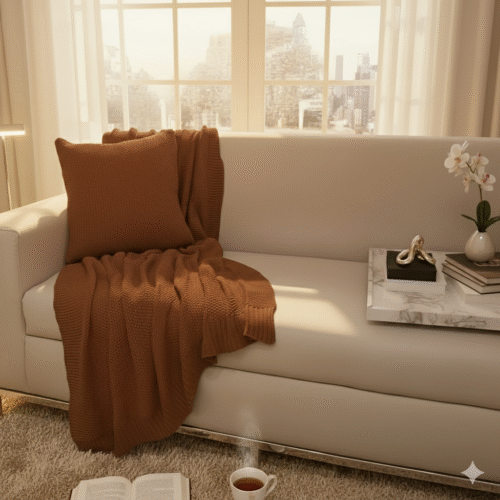 The Cozy Eddit | Mocha Warmth | Handknit Throw + 2 Cushion Combo |